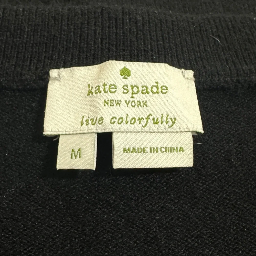 Kate Spade New York Black Wool Blend Cardigan Sweater Rhinestone Flower Buttons